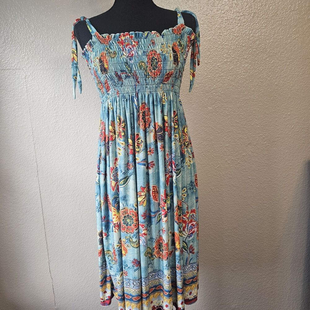 Lidy Fashion Sundress L-XL Boho Floral Smocked Midi  Tie Strap Blue Paisley P284